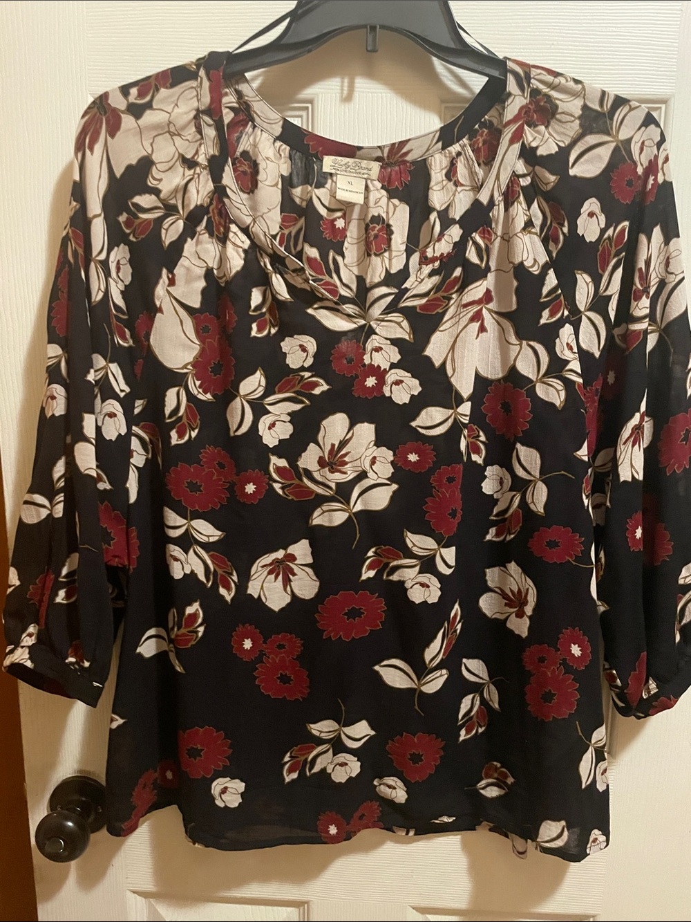 Lucky Brand Black Floral Blouse with Burgundy and Cream Accents
